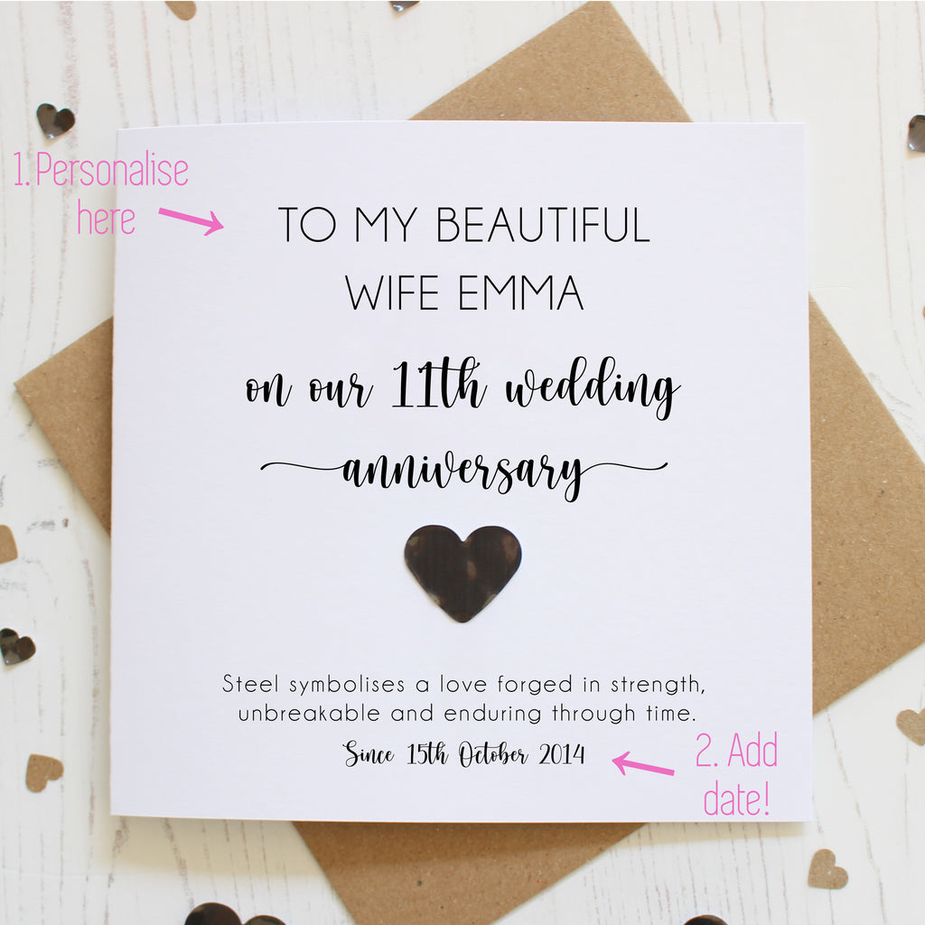 Personalised 11th Wedding Anniversary Card with Steel Heart