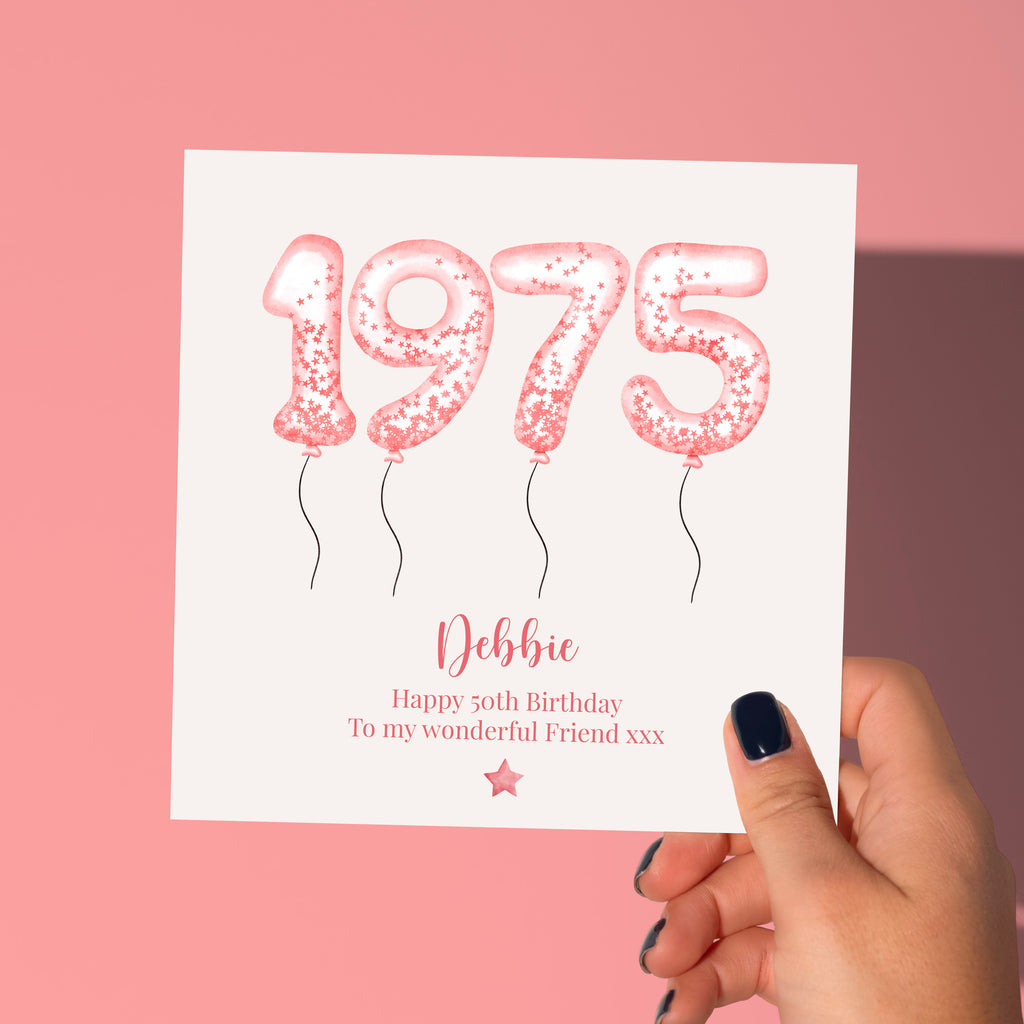 Personalised Pink Balloon 'Year You Were Born' Birthday Card – Any Year
