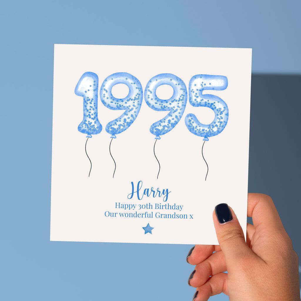 Personalised Blue Balloon 'Year You Were Born' Birthday Card – Any Year