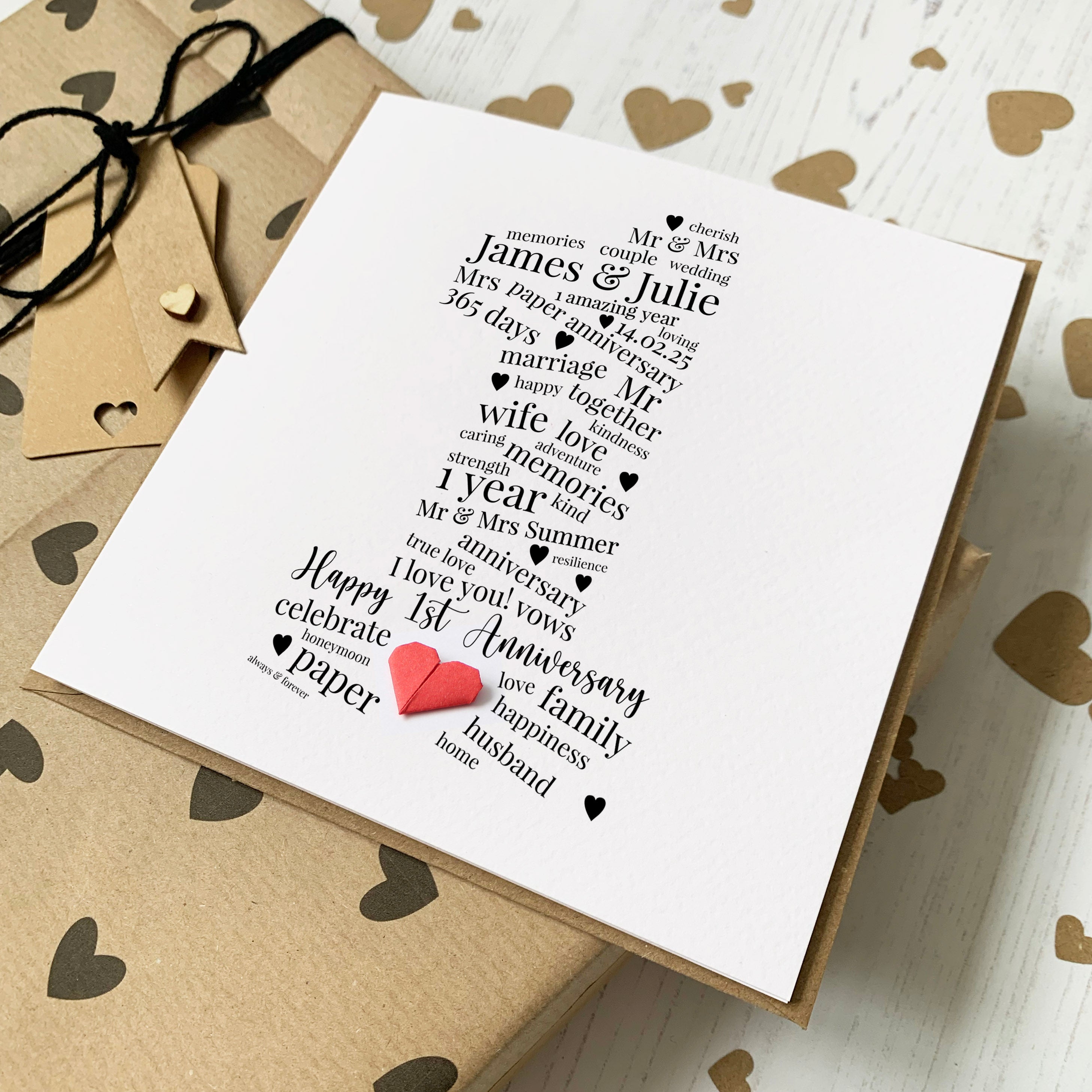 Personalised 1st Anniversary Card with Origami Heart