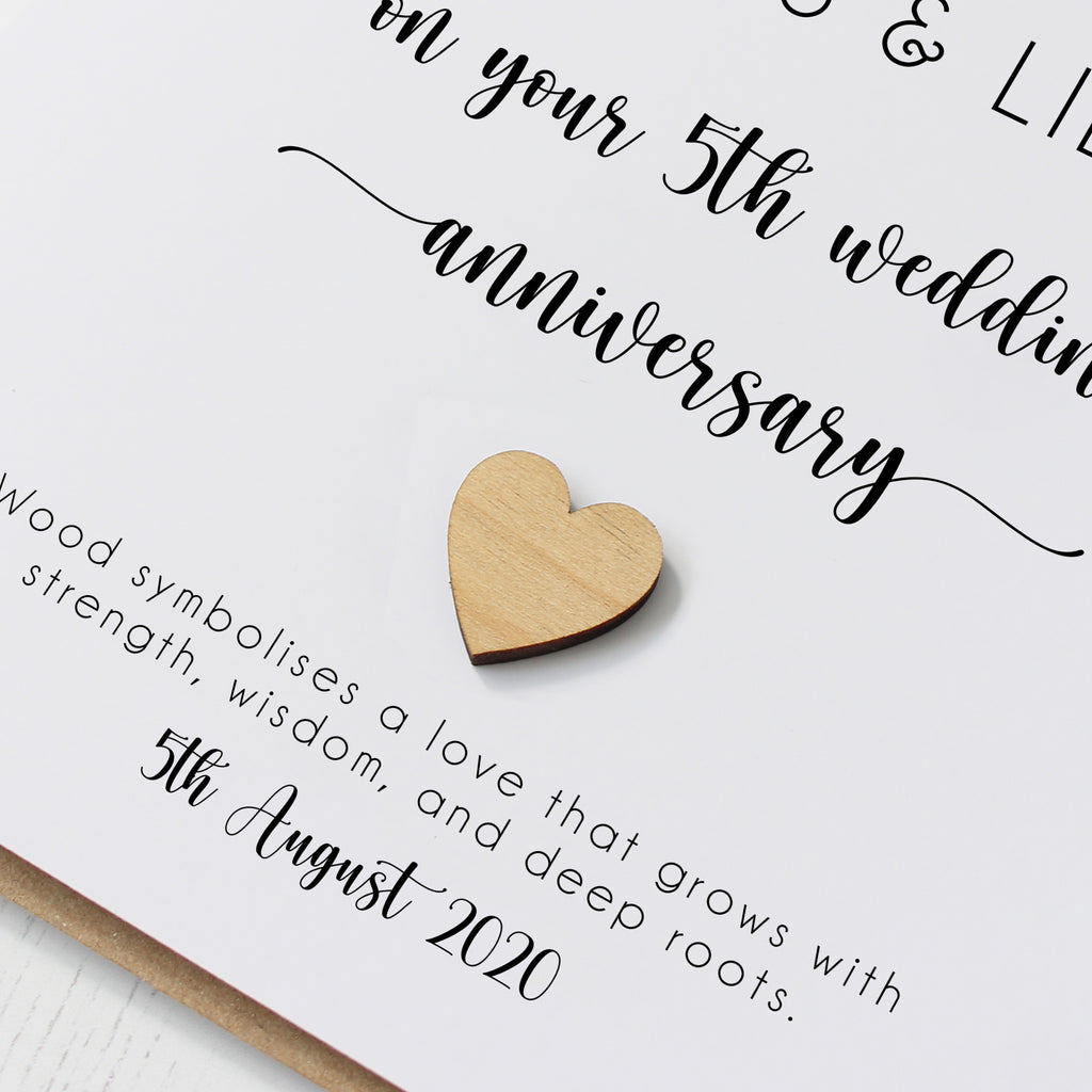 Personalised 5th Wedding Anniversary Card with Wooden Heart