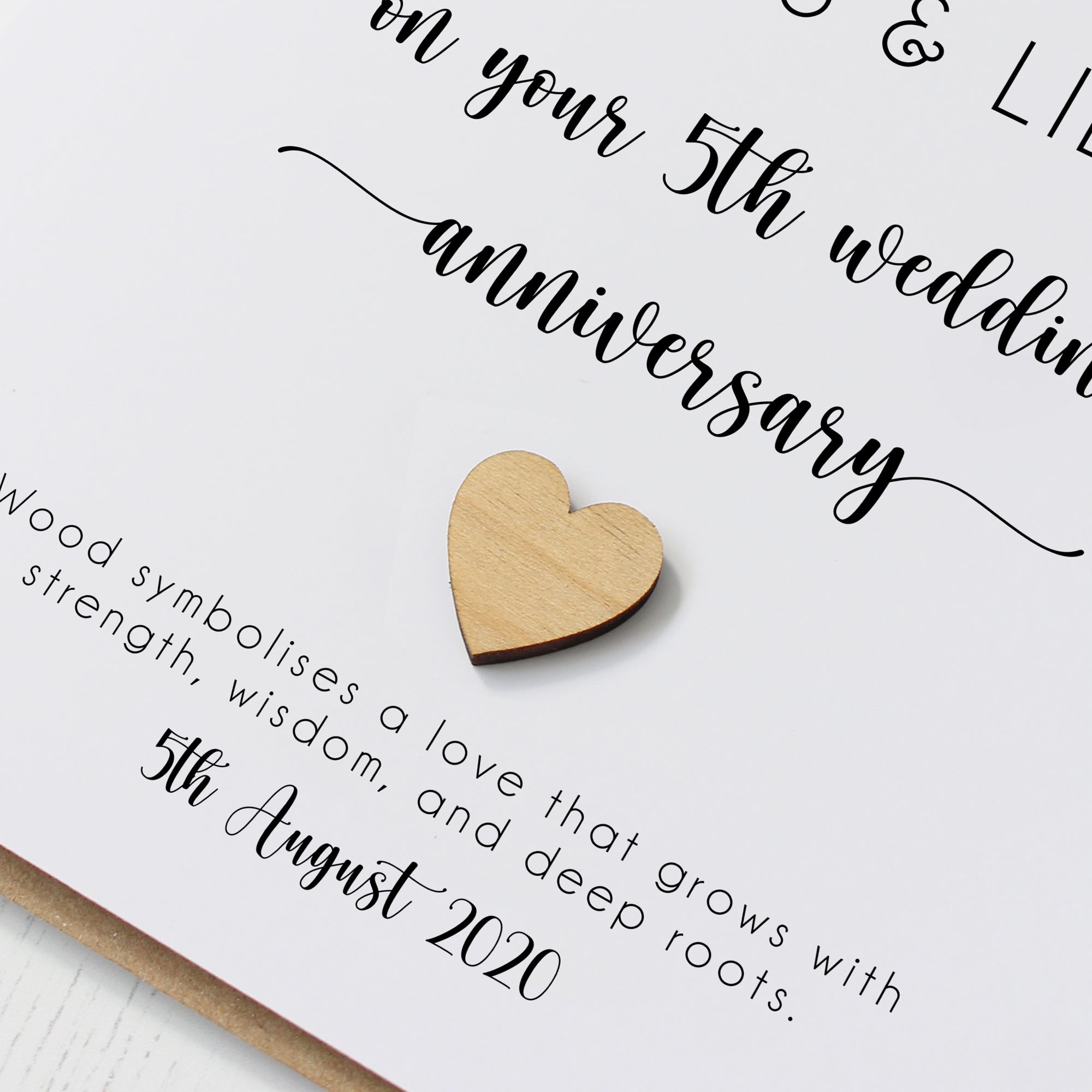 Personalised 5th Wedding Anniversary Card with Wooden Heart