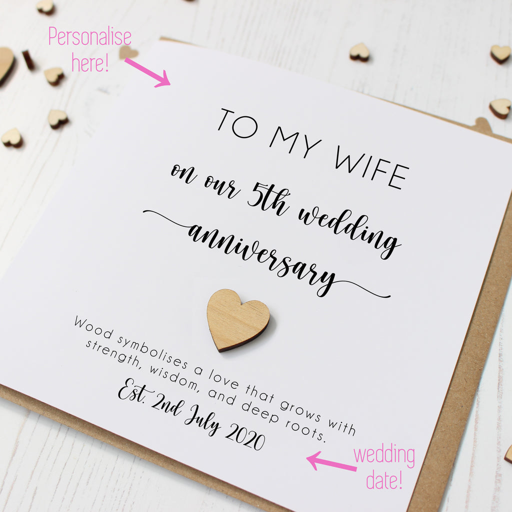 Personalised 5th Wedding Anniversary Card with Wooden Heart