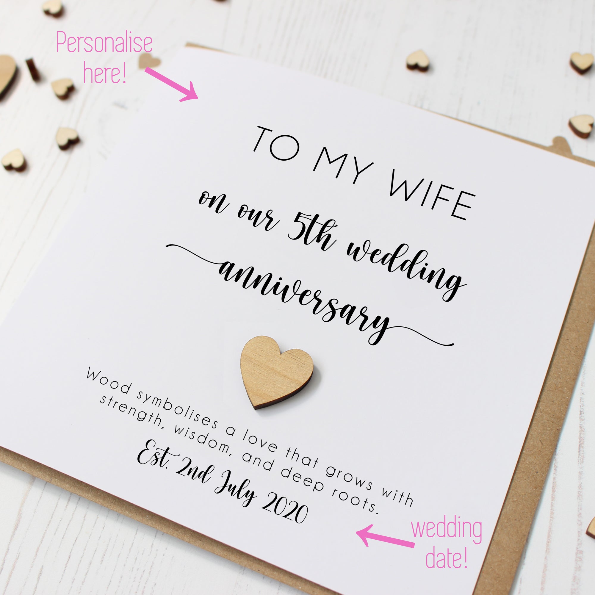Personalised 5th Wedding Anniversary Card with Wooden Heart