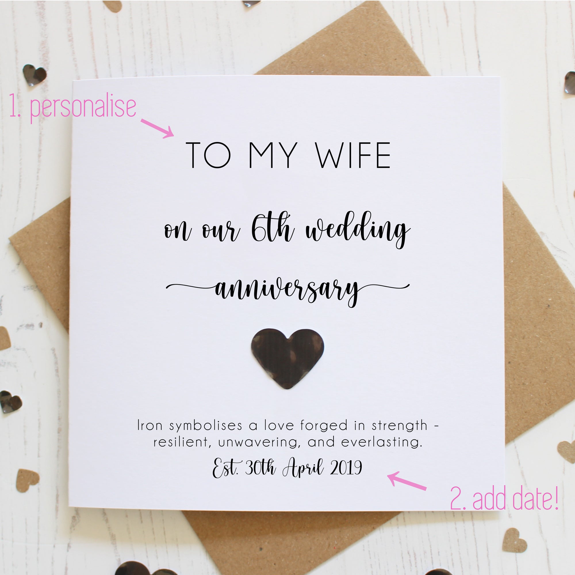Personalised 6th Wedding Anniversary Card with Iron Heart