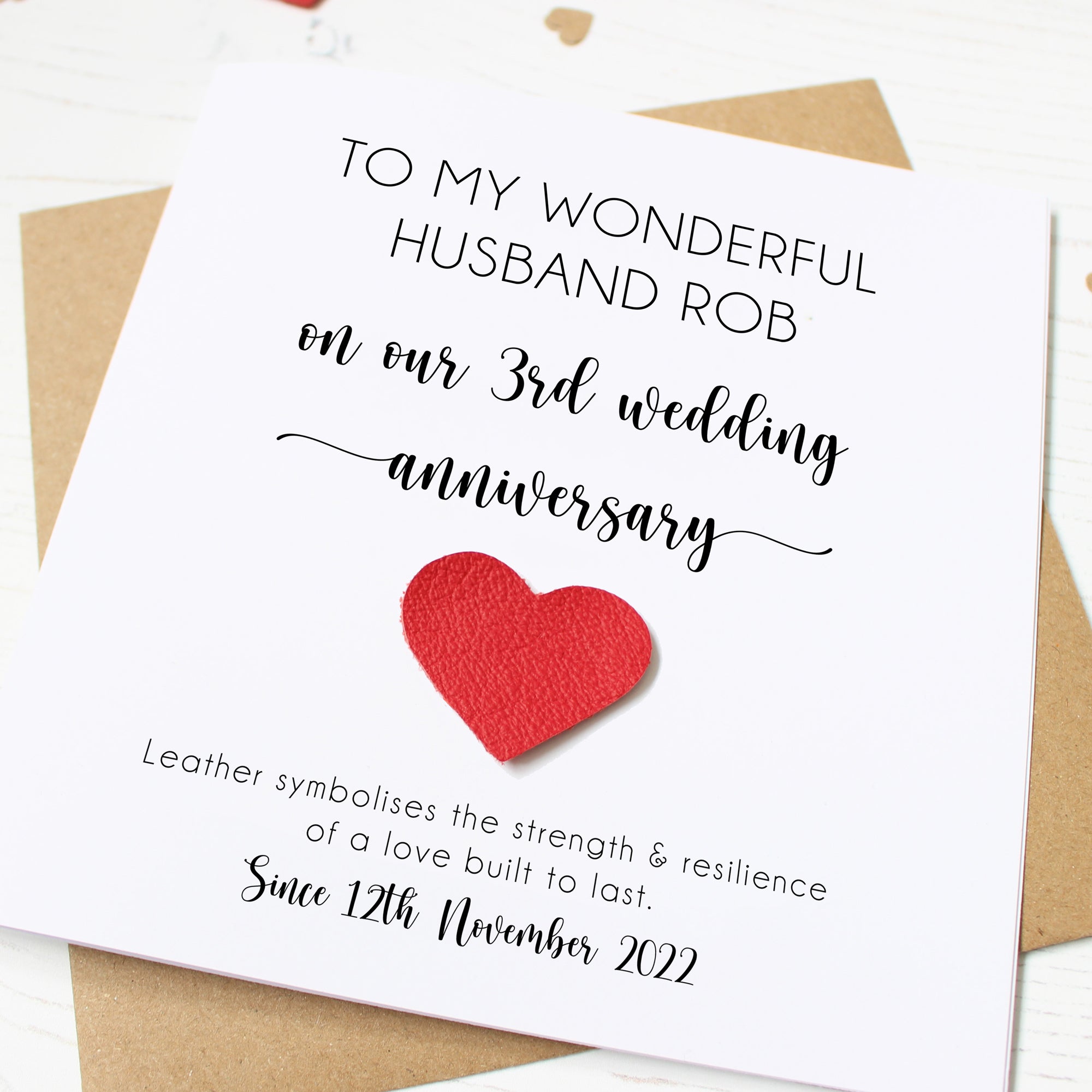 Personalised 3rd Wedding Anniversary Card with Leather Heart