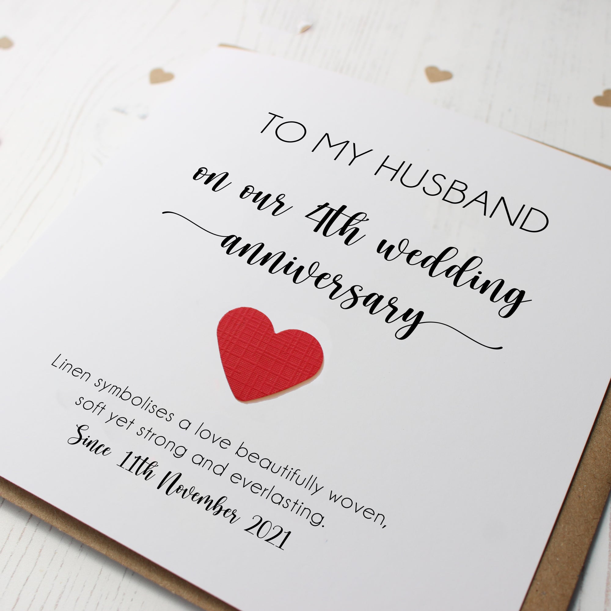 Personalised 4th Wedding Anniversary Card with Linen Heart