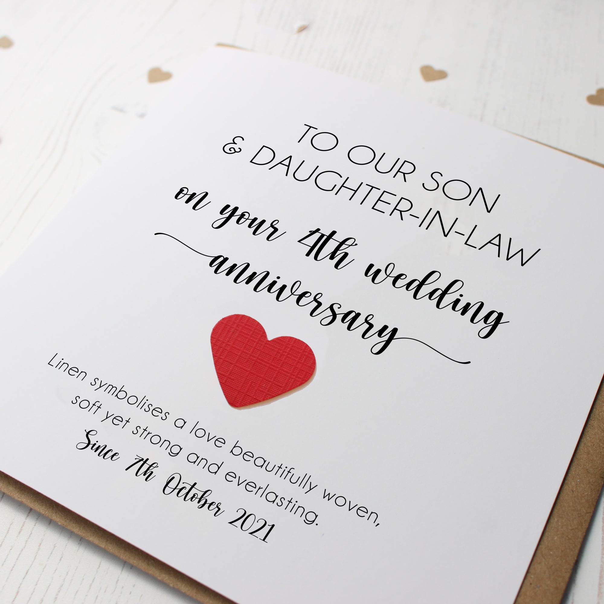 Personalised 4th Wedding Anniversary Card with Linen Heart