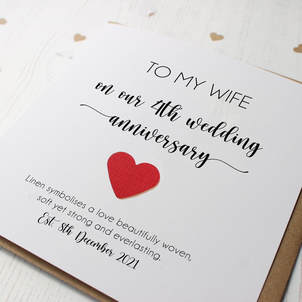 Personalised 4th Wedding Anniversary Card with Linen Heart