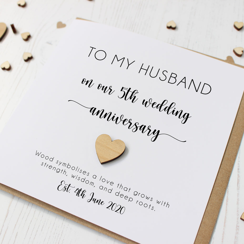 Personalised 5th Wedding Anniversary Card with Wooden Heart