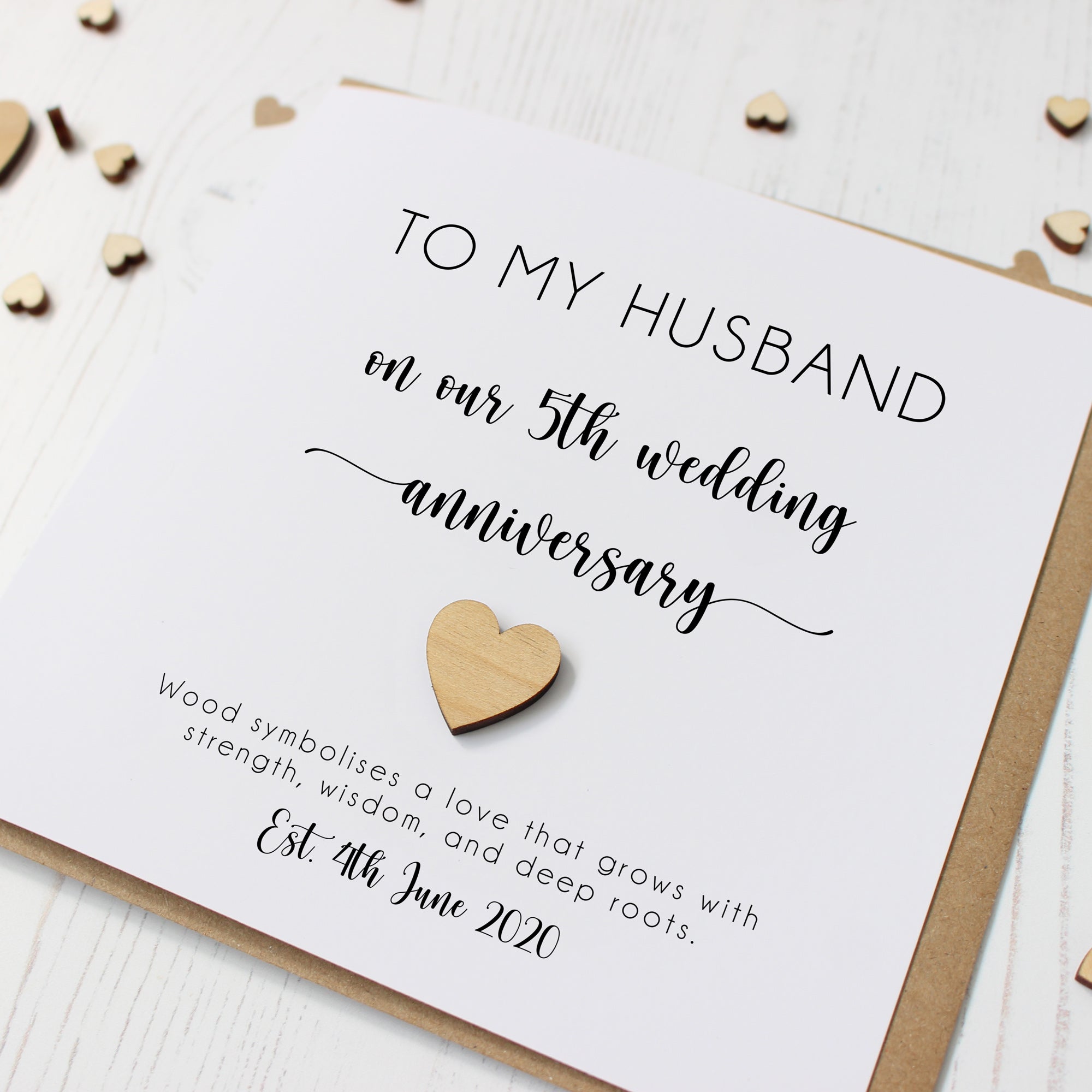 Personalised 5th Wedding Anniversary Card with Wooden Heart
