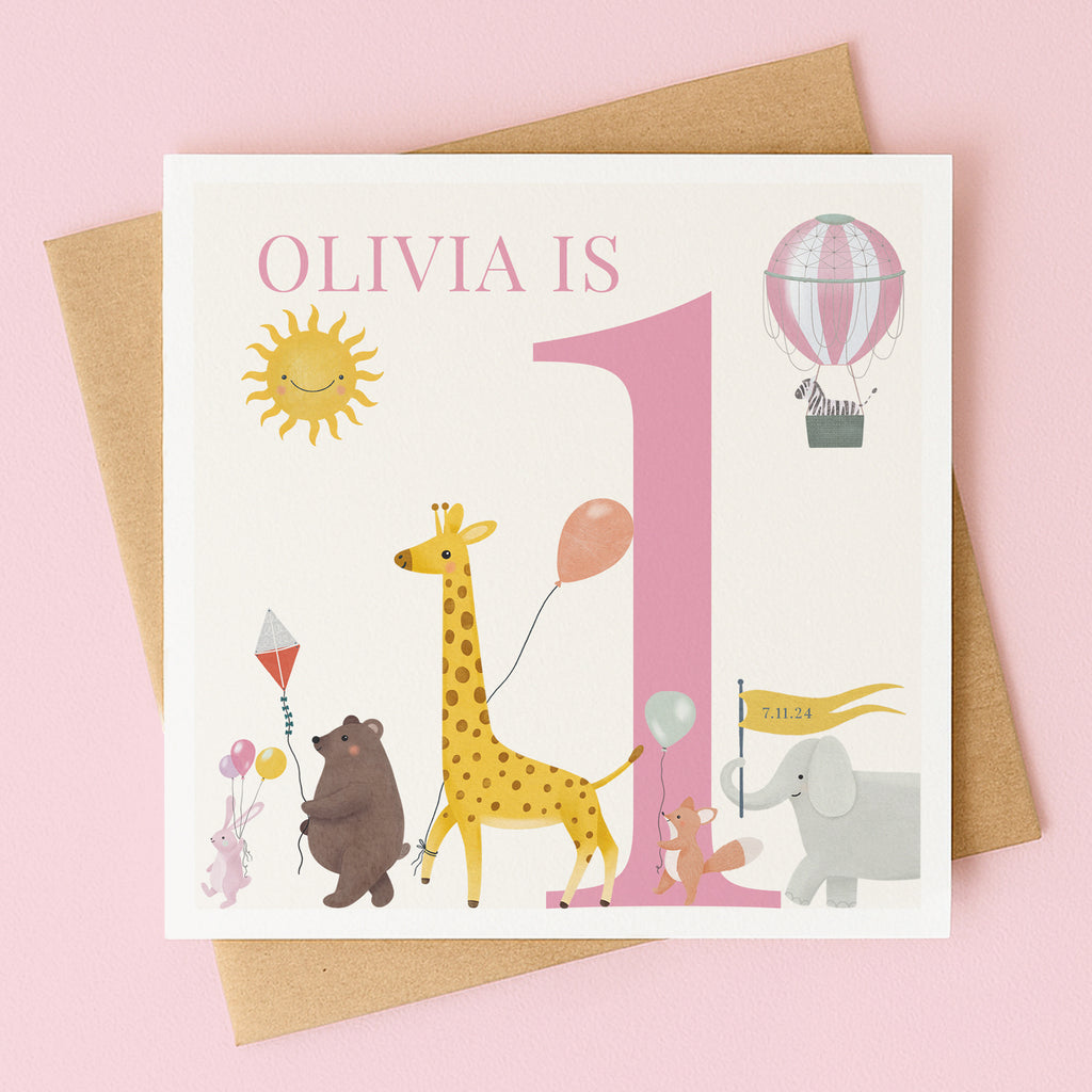 Personalised Safari Parade Birthday Card for Girl - Any Age!