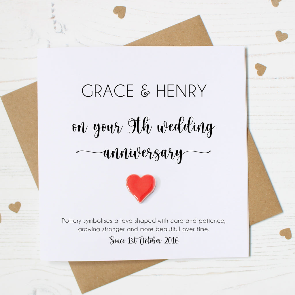 Personalised 9th Wedding Anniversary Card with Pottery Heart