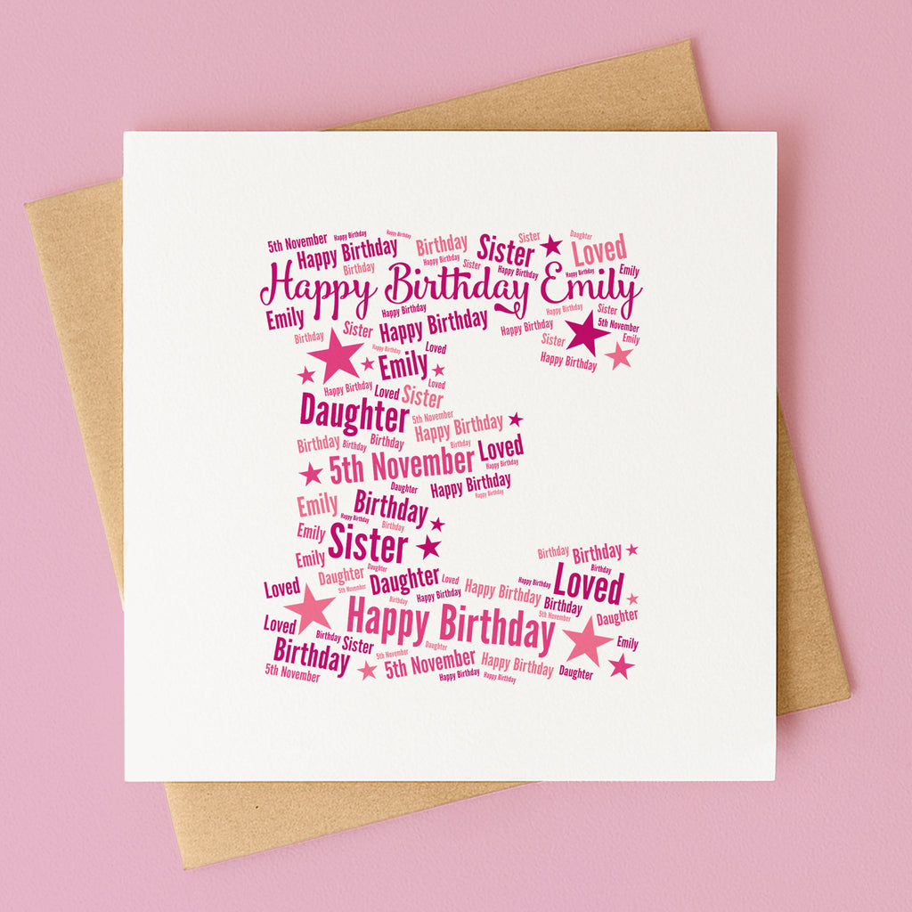 Personalised Pink Star Birthday Card For Her – Any Letter