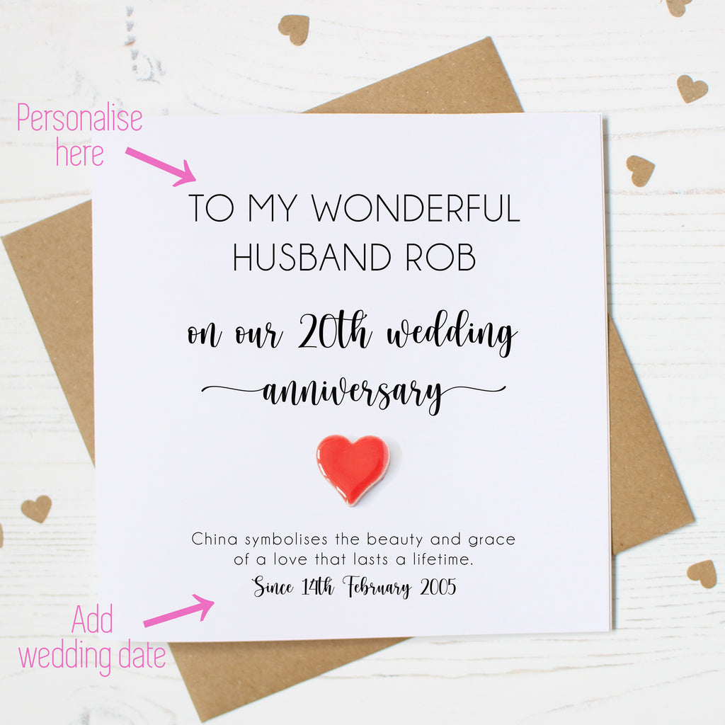 Personalised 20th Wedding Anniversary Card with China Heart