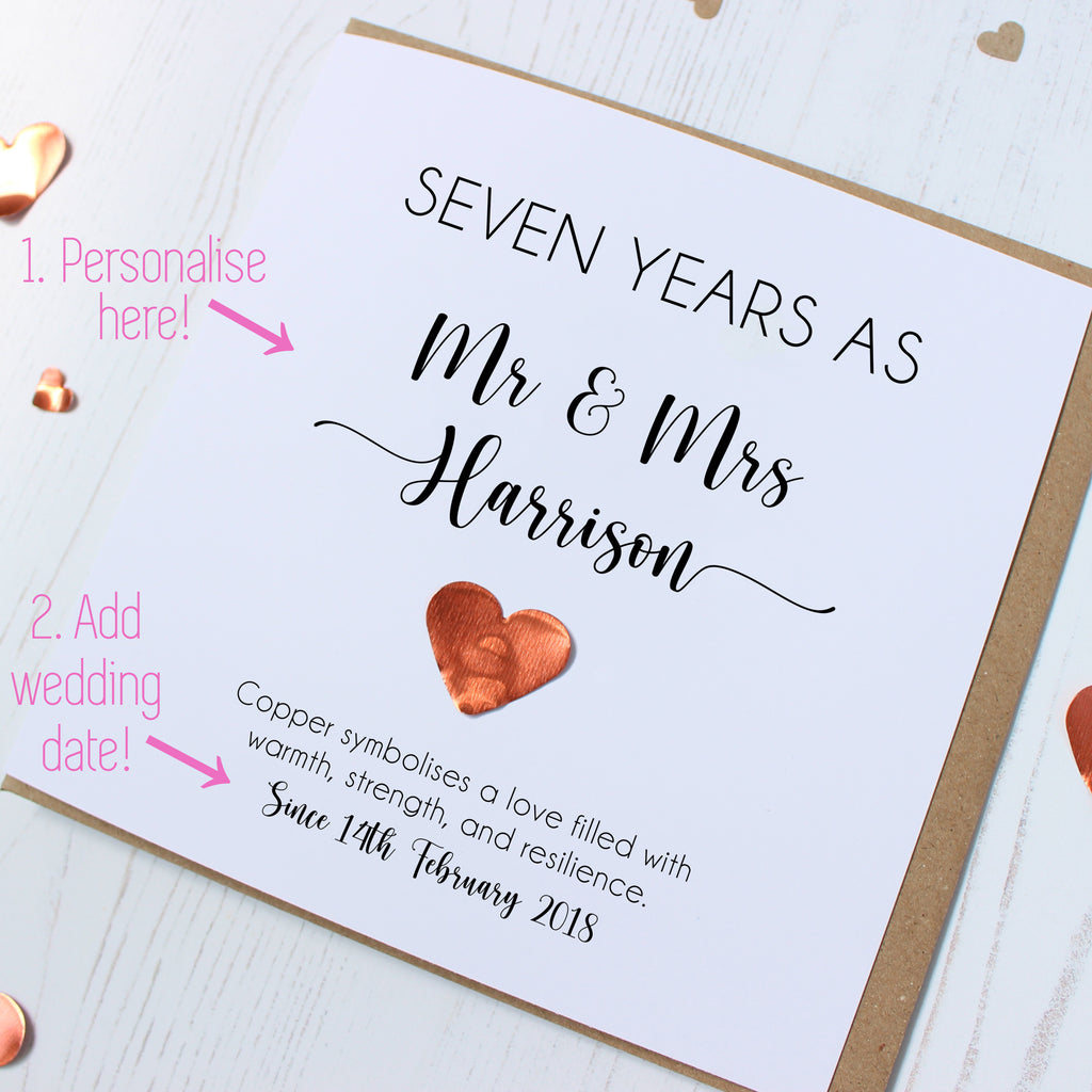 Personalised 7th Wedding Anniversary Card with Copper Heart